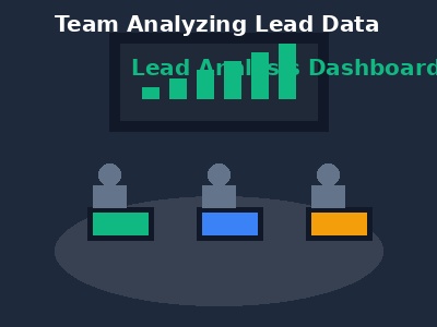 Team analyzing lead data with laptops and dashboard displays