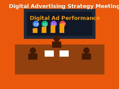Digital advertising strategy meeting with performance metrics
